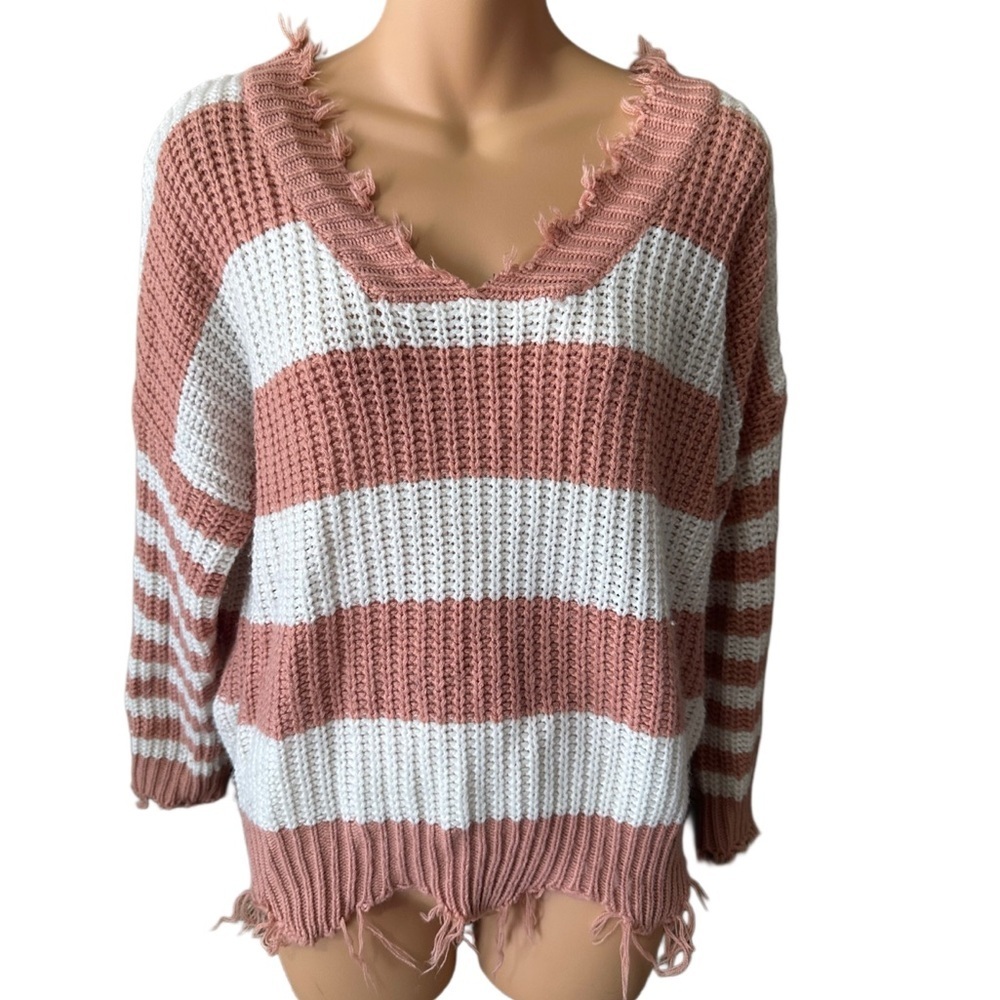 Main Strip V-Neck Distressed Sweater in Pink and White Stripes